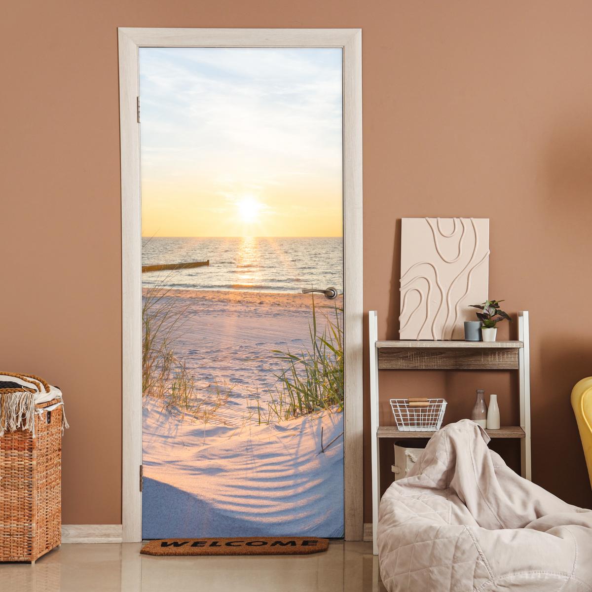 TÜRAUFKLEBER Strand - Sonne - Düne - Gras - Sand - Horizont 90x215 cm - Türtapete - Dunkelgelb, Kunststoff (90/0.1cm) - MuchoWow