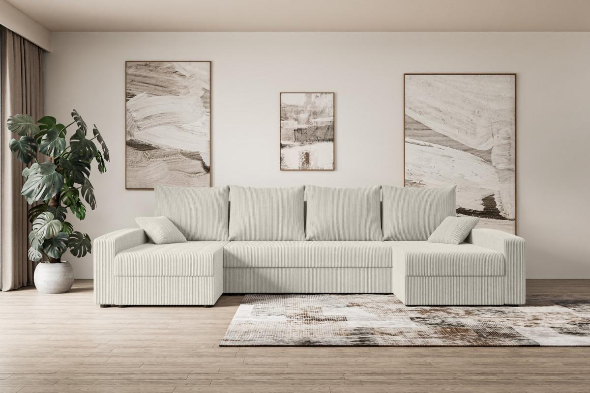 WOHNLANDSCHAFT mit Schlaffunktion und Bettkasten ALESIA-U 301x140x90 cm Creme Cord - Silberfarben/Hellgrau, Holzwerkstoff/Kunststoff (301/90/140cm) - ALTDECOR