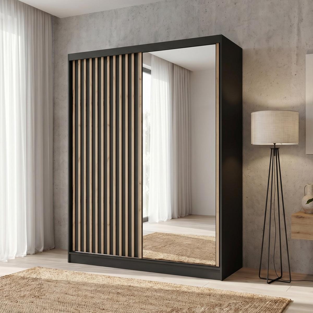 SCHWEBETÜRENSCHRANK Donatello mit 2 Türen. 160 cm, Schwarz+eiche Artisan - Schwarz/Eiche Artisan, Holzwerkstoff (160/205/60cm) - Beautysofa