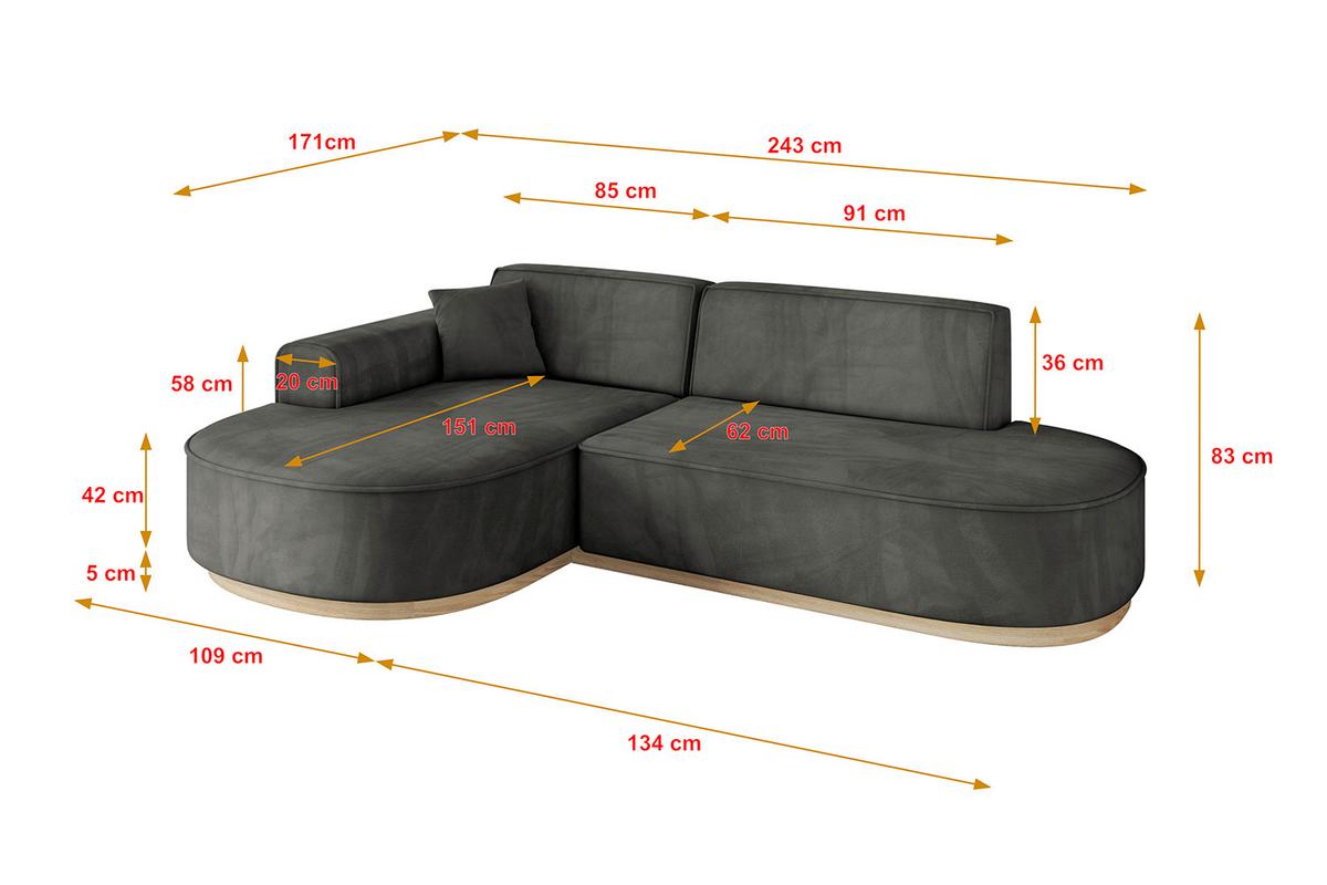 ECKSOFA Ottomane Links MARI-L1-v1 - 243x171x83 cm Dunkelgrau Velours - Dunkelgrau, Holzwerkstoff/Textil (243/171cm) - ALTDECOR