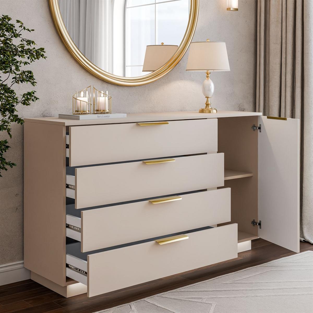 KOMMODE LINA KASCHMIR 1D4S mit LED-Beleuchtung auf Sockel Gold Chrom - Kaschmir, Holzwerkstoff (138/84/40cm) - Lookway