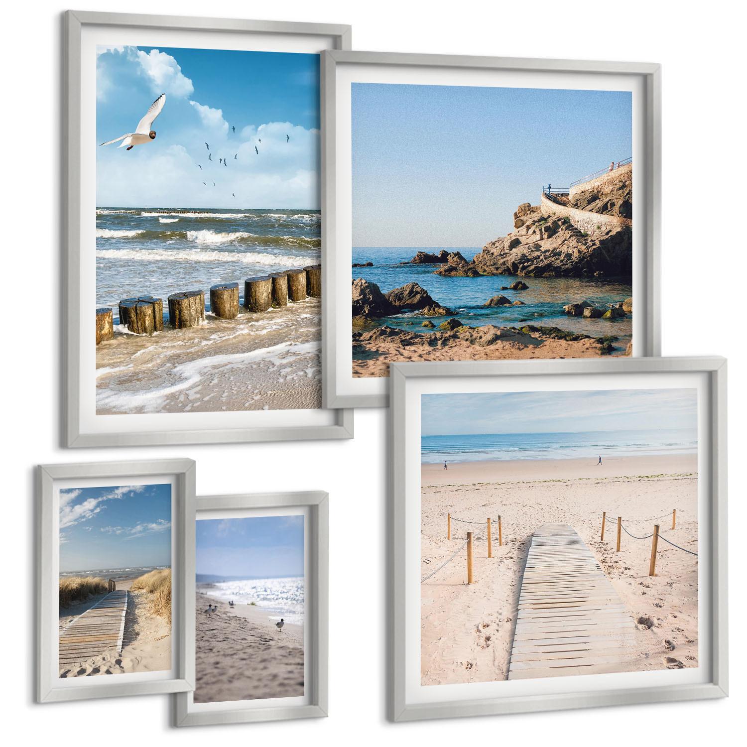 BILDER SET 5er Set - 50x50 cm & 20x30 cm & 40x60 cm Silberner Rahmen - Strand, Sand, Wellen, Himmel, Vögel - Silberfarben, Kunststoff (40/60cm) - TULUP