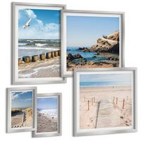BILDER SET 5er Set - 50x50 cm & 20x30 cm & 40x60 cm Silberner Rahmen - Strand, Sand, Wellen, Himmel, Vögel - Silberfarben, Kunststoff (40/60cm) - TULUP
