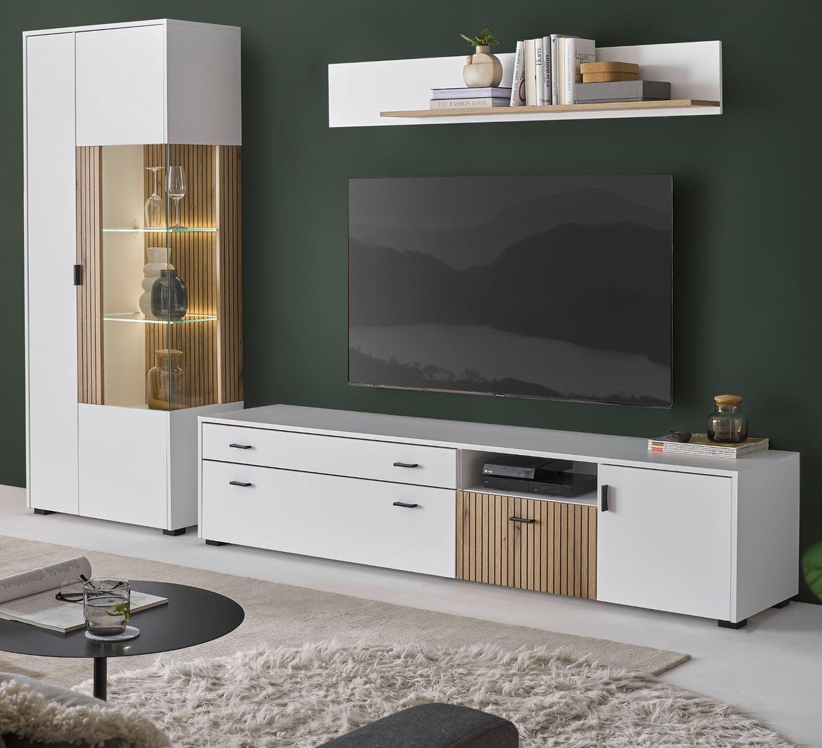 WOHNWAND 3-teilig weiß matt, Eiche 285 cm, Wohnkombination mit Soft-Close - Eichefarben/Schwarz, Glas/Holzwerkstoff (285/180/42cm) - Furn.Design