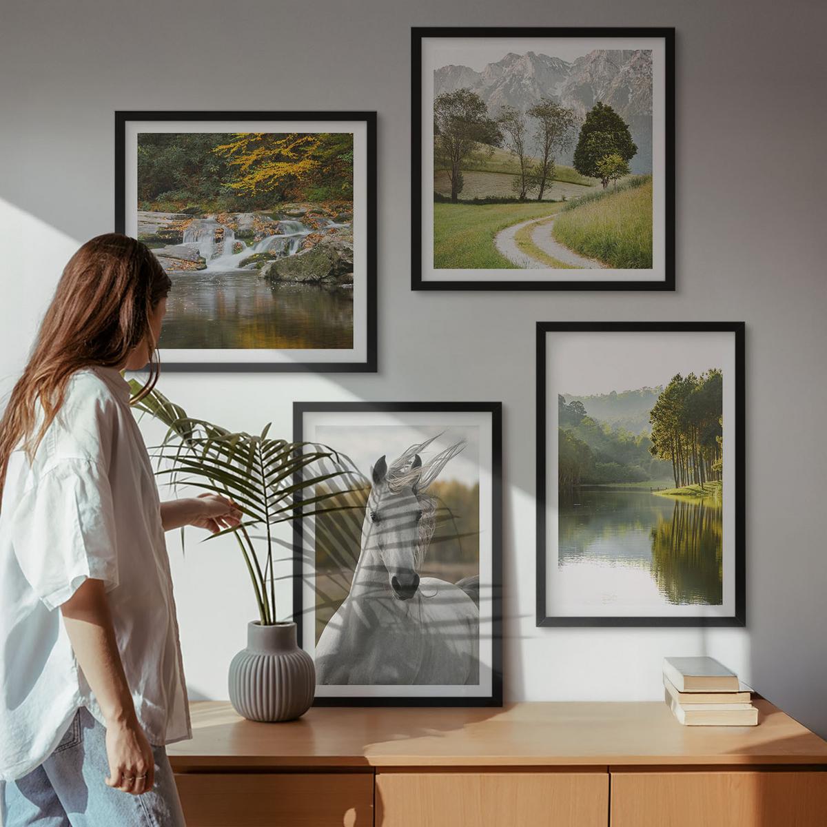 BILDER SET 4er Set - 50x50 cm & 40x60 cm Schwarzer Rahmen - Natur des Flusses White Horses - Schwarz, Kunststoff (50/50cm) - TULUP