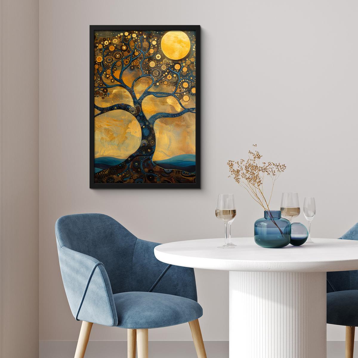 POSTER MIT RAHMEN Baum - Mond - Blumen - Gold - Kunst Bilder mit Rahmen 40x60 cm - Orange, Papier (40/60cm) - MuchoWow