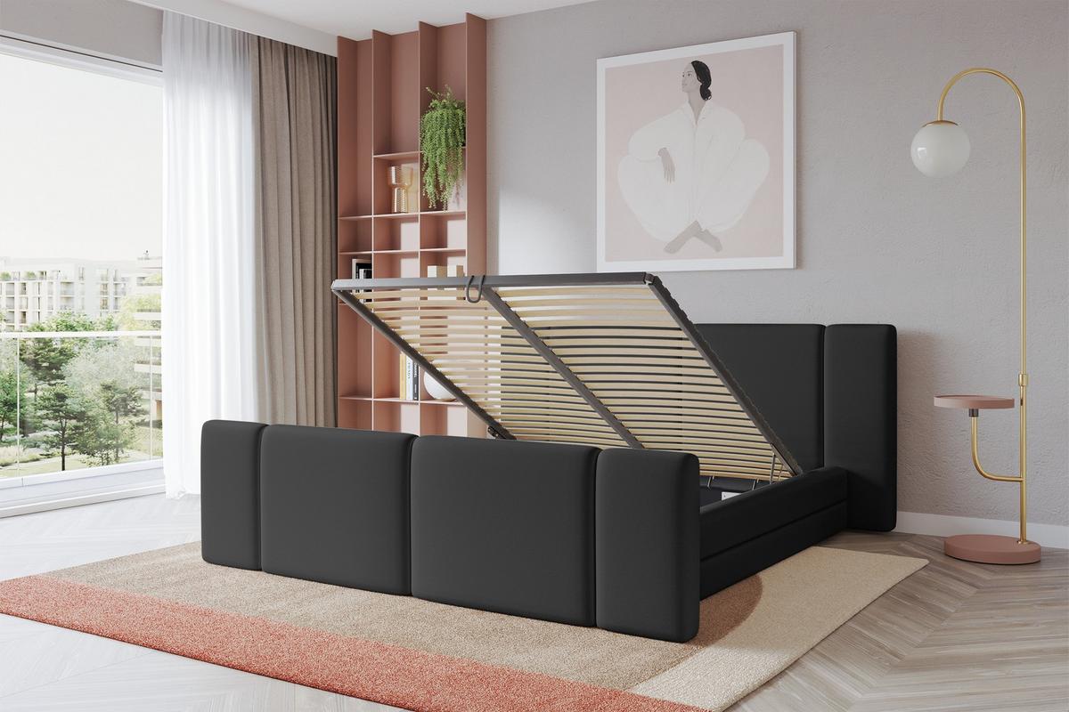 POLSTERBETT mit Bettkasten, Fußteil und Lattenrost, Bett mit Matratze H3/H4 - TEVO-Z 140x200 Schwarz - Schwarz Hochglanz, Holzwerkstoff/Textil (140/200cm) - ALTDECOR