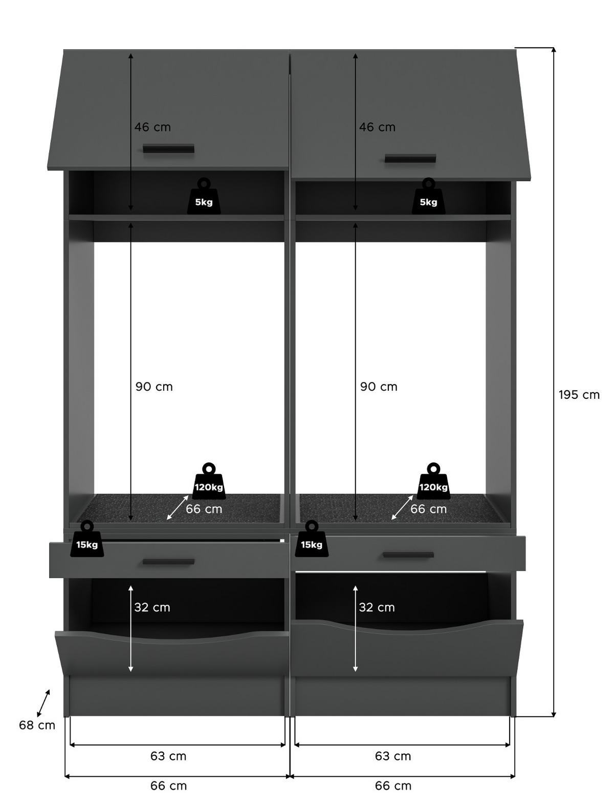 WASCHMASCHINENSCHRANK grau Set 2-teilig 132 x 195 cm, Umbau für Waschmaschine und Trockner - Schwarz/Grau, Holzwerkstoff/Kunststoff (132/195/68cm) - Inn.Furn