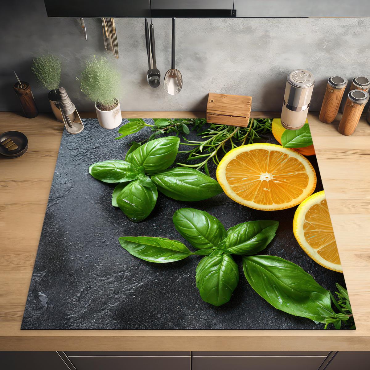 HERDABDECKPLATTE Obst - Grau - Konkret - Orange - Pflanzen Induktionsmatte 78x78 cm - Anthrazit, Kunststoff (78/78/0.2cm) - MuchoWow