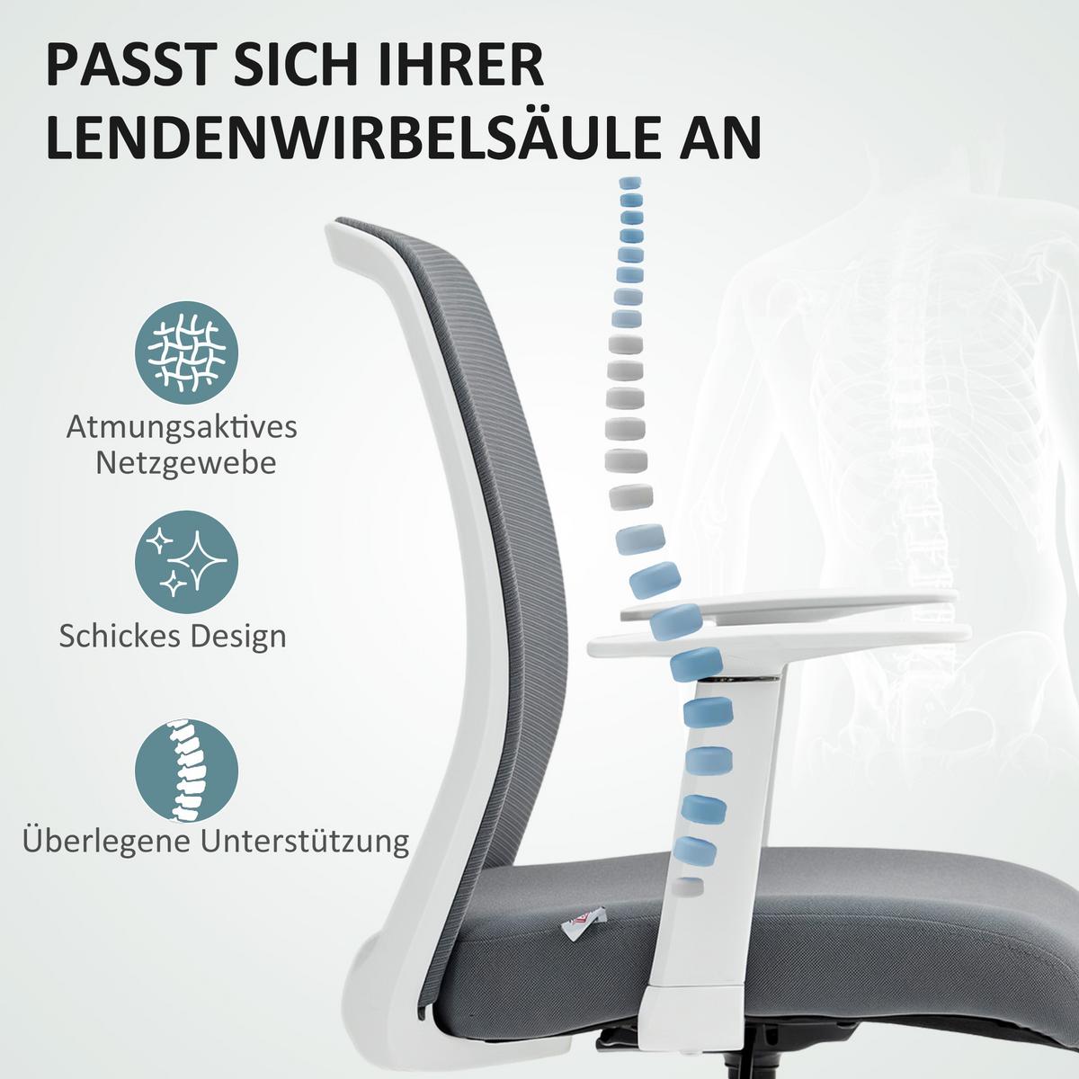 BÜROSTUHL Ergonomischer Schreibtischstuhl mit Armlehne, Fußring, Grau - Grau, Textil (57.5/121/61.5cm) - HOMCOM