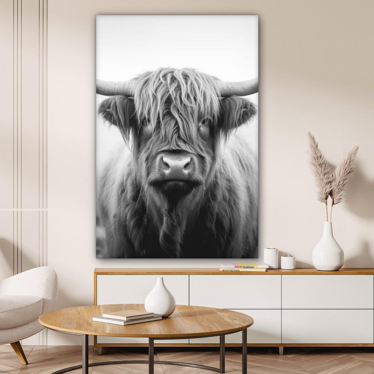 LEINWANDBILD Schottischer Highlander - Nebel - Schwarz - Weiß Deko XXL 80x120 cm - Grau, Textil (80/120cm) - MuchoWow