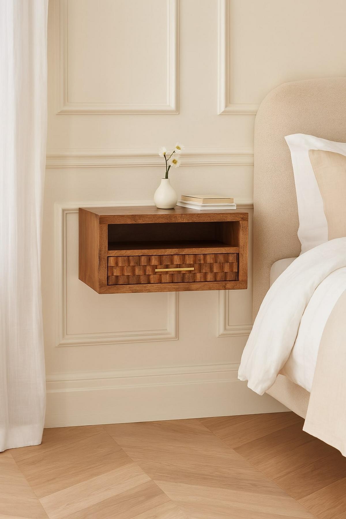 NACHTKASTEN Arno Wandmontiert in Goldenem Teak, 1 Schublade und Offenes Regal, Hellbraun - Hellbraun/Messingfarben, Holz/Metall (45/25/32cm) - Artisan Furniture