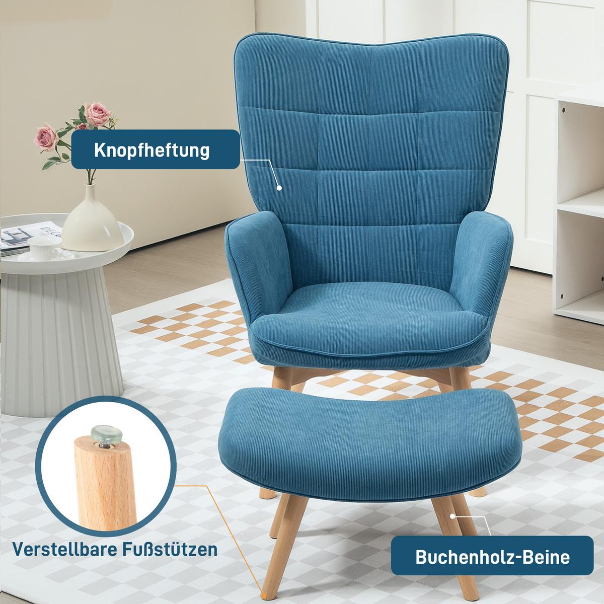 SESSEL mit Hocker, Ohrensessel mit Hoher Rückenlehne, Holzbeine, Cord, Blau - Blau/Buchefarben, Buchenholz/Textil (80/101/72cm) - HOMCOM