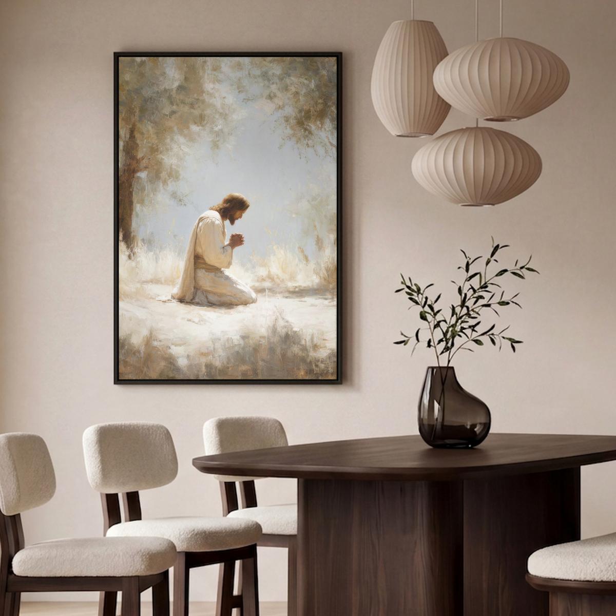 LEINWAND Bilder mit Rahmen - Jesus - Kniend - Waldlandschaft - Betend - 90x140 - Beige, Textil (90/140cm) - MuchoWow