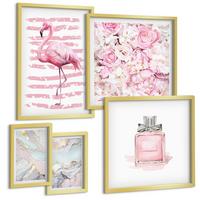 BILDER SET 5er Set - 50x50 cm & 20x30 cm & 40x60 cm Goldrahmen - Rosa Blumen Marmor Pastell - Goldfarben, Kunststoff (40/60cm) - TULUP
