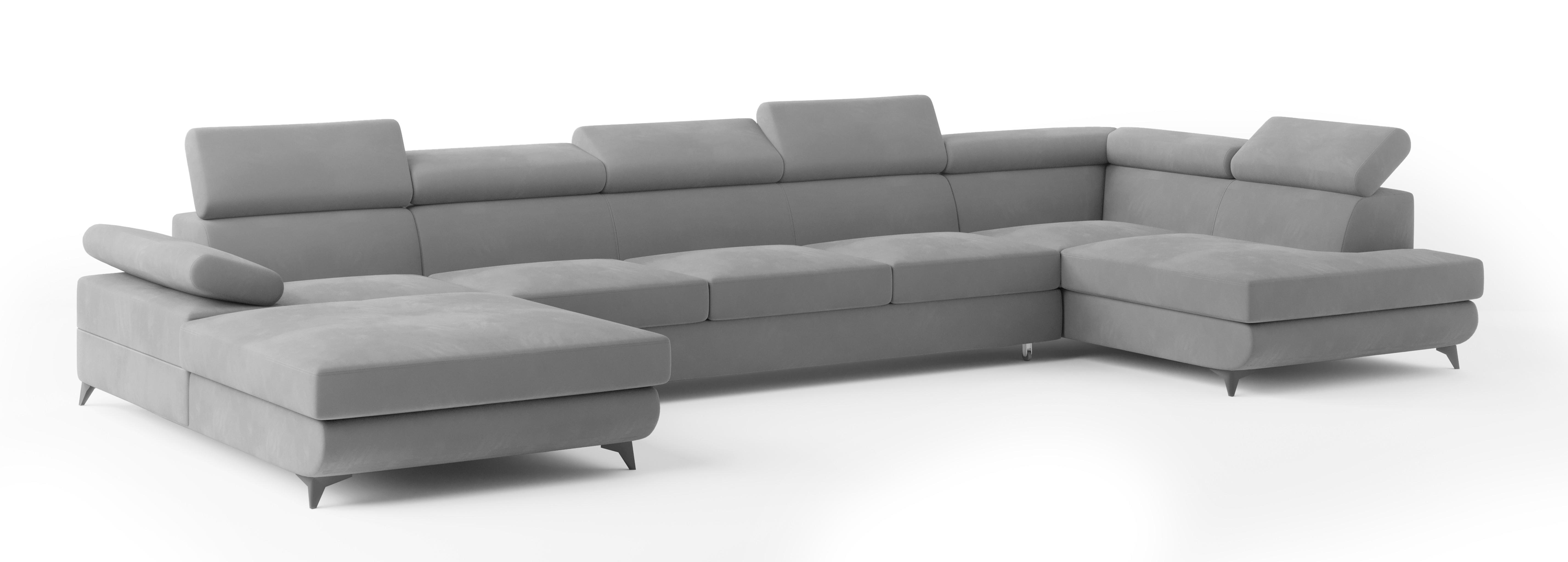 WOHNLANDSCHAFT MONTIVA Grau Velours-Stoff mit Schlaffunktion - Grau, Holz (410/89/190cm) - MASSENO