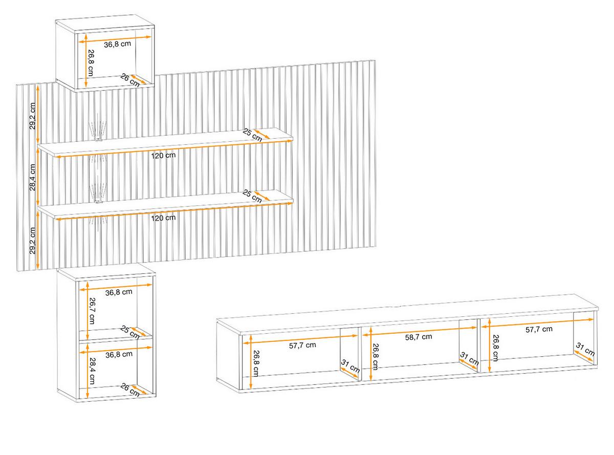 WOHNWAND Sand matt, Eiche Artisan 280 cm, Schrankwand hängend inklusive LED Beleuchtung - Sandfarben/Eiche Artisan, Holzwerkstoff (280/180/45cm) - Furn.Design