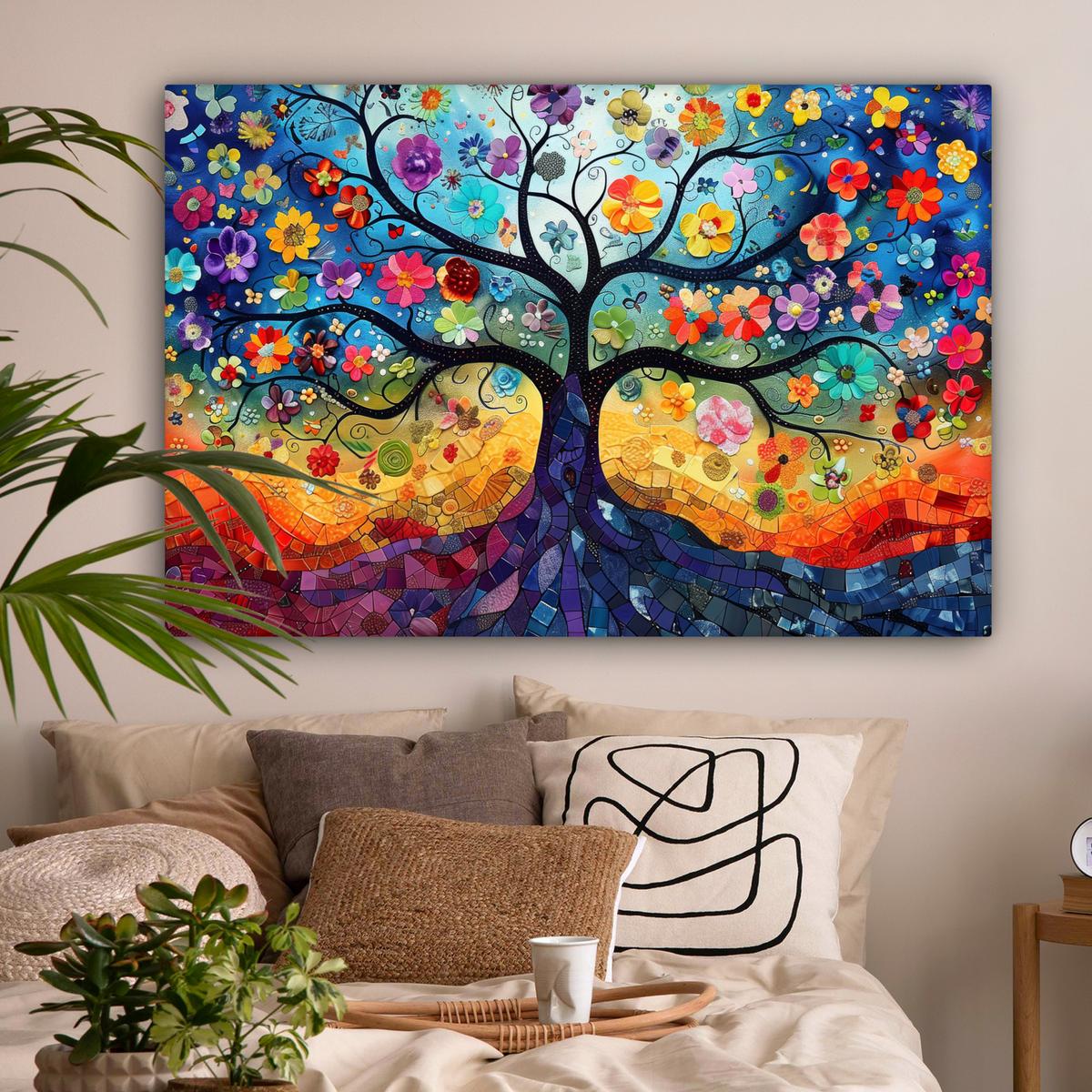 LEINWANDBILD Kunst - Baum des Lebens - Blumen - Hippie Groß 140x90 cm - Dunkelblau, Textil (140/90cm) - MuchoWow