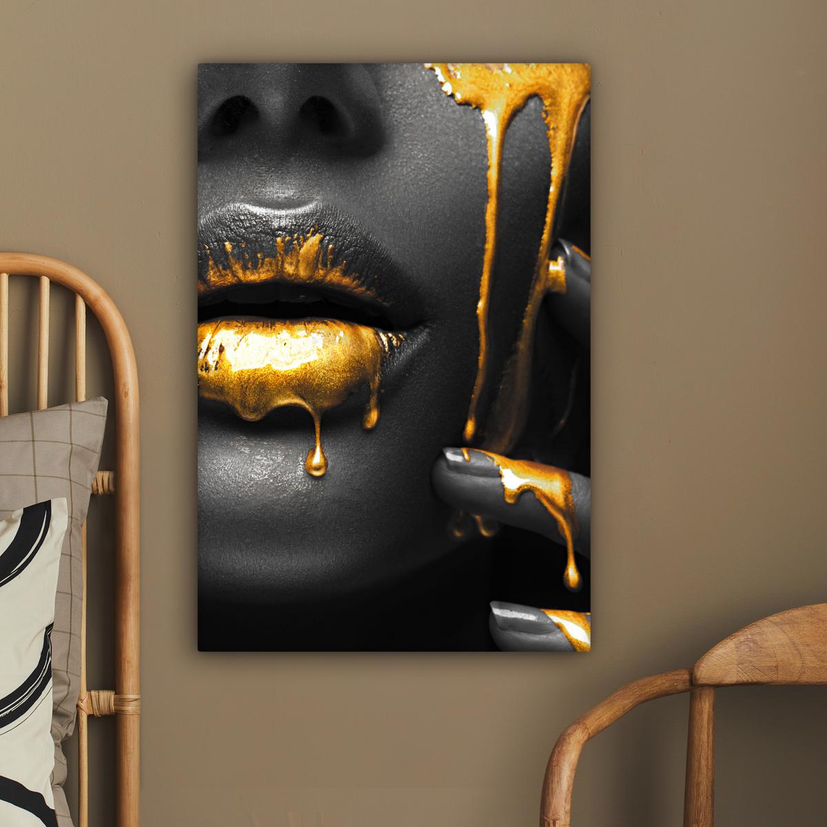 LEINWANDBILD Frau - Schwarz - Gold - Gesicht - Lippen Wanddeko Schlafzimmer 60x90 cm - Goldfarben, Textil (60/90cm) - MuchoWow