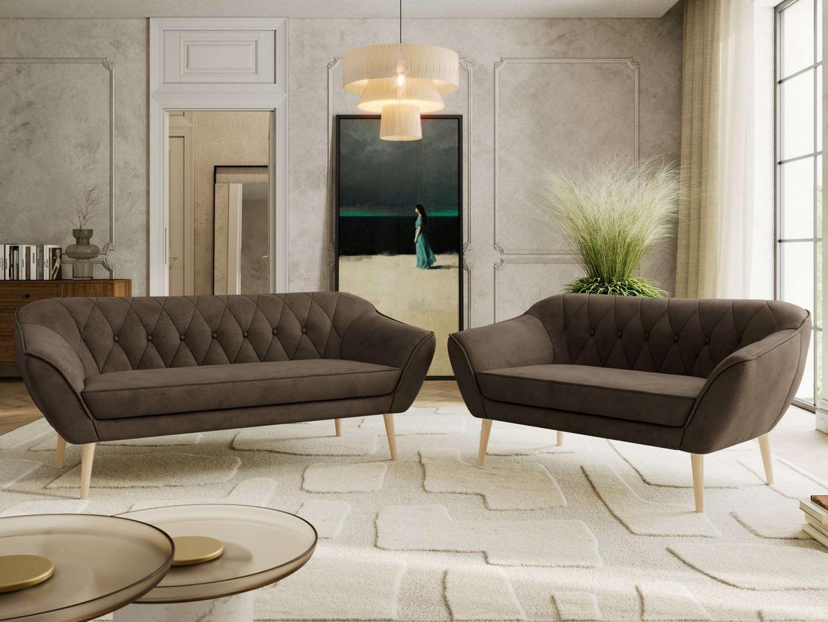 SITZGARNITUR PIRS 3+2 - Braun Velvet - Holzbeine - Dunkelbraun/Buchefarben, Holzwerkstoff/Textil (180/75/74cm) - MKS