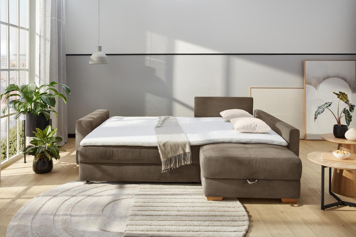 ECKSOFA-DAUERSCHLÄFER Boxspring Federkern Topper Bettkasten, seitenverkehrt montierbar B257/T206/H85 cm, Braun Taupe / 15210 - Braun, Holzwerkstoff (257/206cm) - luma-home