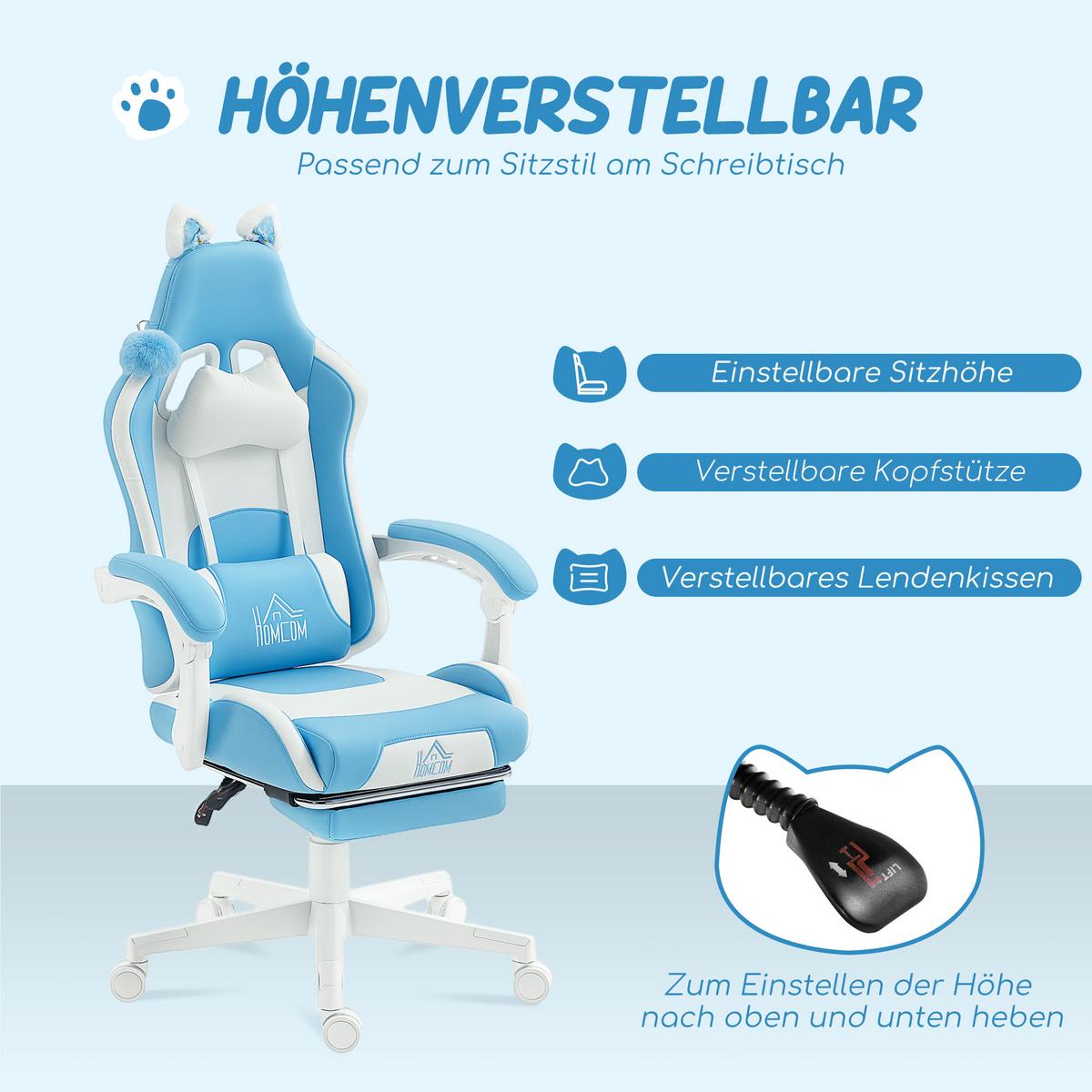 GAMING-STUHL Kunstleder Hellblau - Blau/Weiß, Kunststoff (62/124/65cm) - HOMCOM
