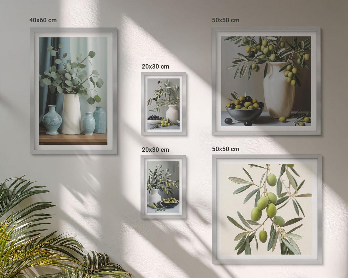 BILDER SET 5er Set - 50x50 cm & 20x30 cm & 40x60 cm Silberner Rahmen - Oliven in Vasen in gedeckten Farben - Silberfarben, Kunststoff (40/60cm) - TULUP