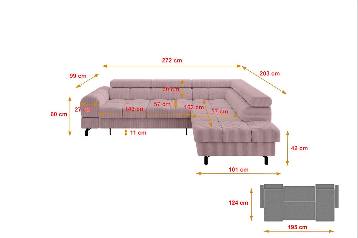 ECKSOFA mit Schlaffunktion Ottomane Rechts LUMA-L 272x203x70 Rosa Cord - Schwarz/Rosa, Holzwerkstoff/Kunststoff (203/272cm) - ALTDECOR