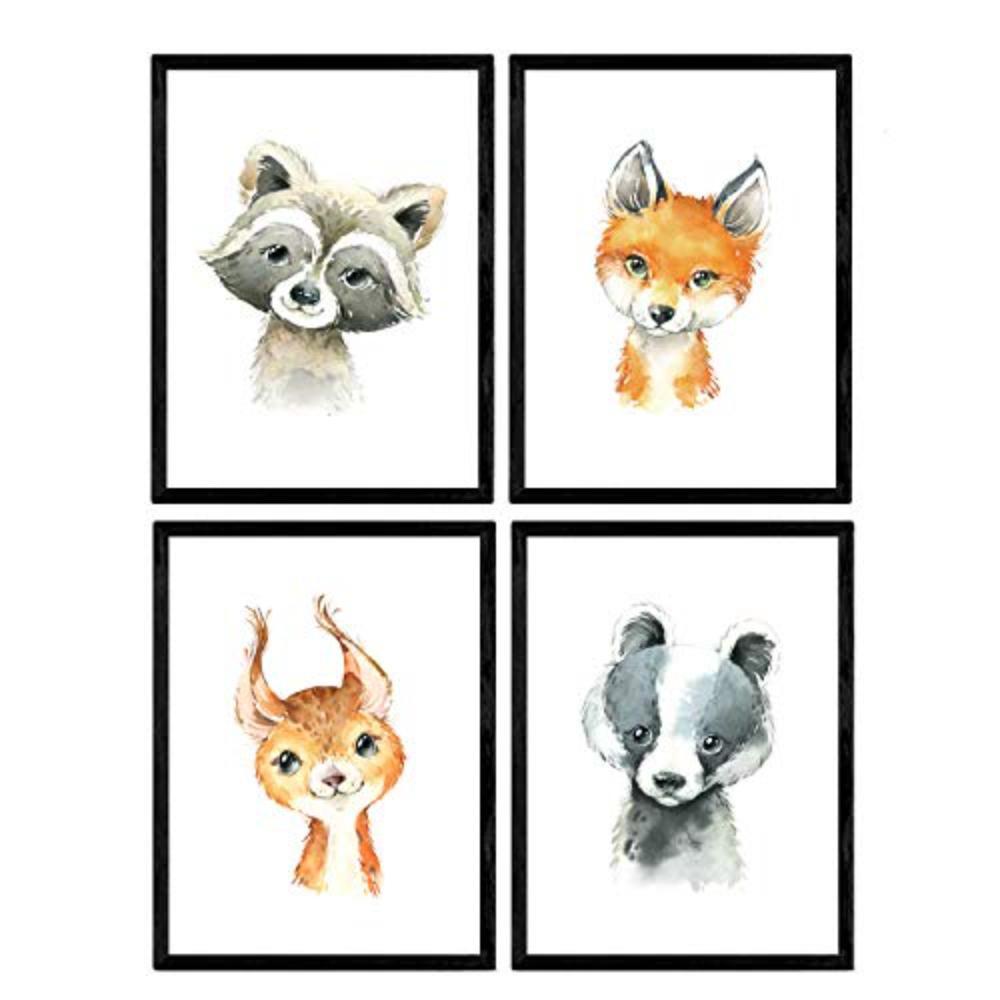POSTER Set mit 4 Waschbär Stinktier Reh und Fuchs A3 Rahmenlos - Klar, Papier (29.7/3cm) - Nacnic