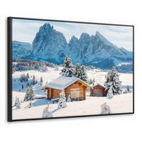 LEINWAND Bilder mit Rahmen - Winter - Hütte - Berge - Aussicht - Schnee - 120x80 - Eichefarben, Textil (120/80cm) - MuchoWow