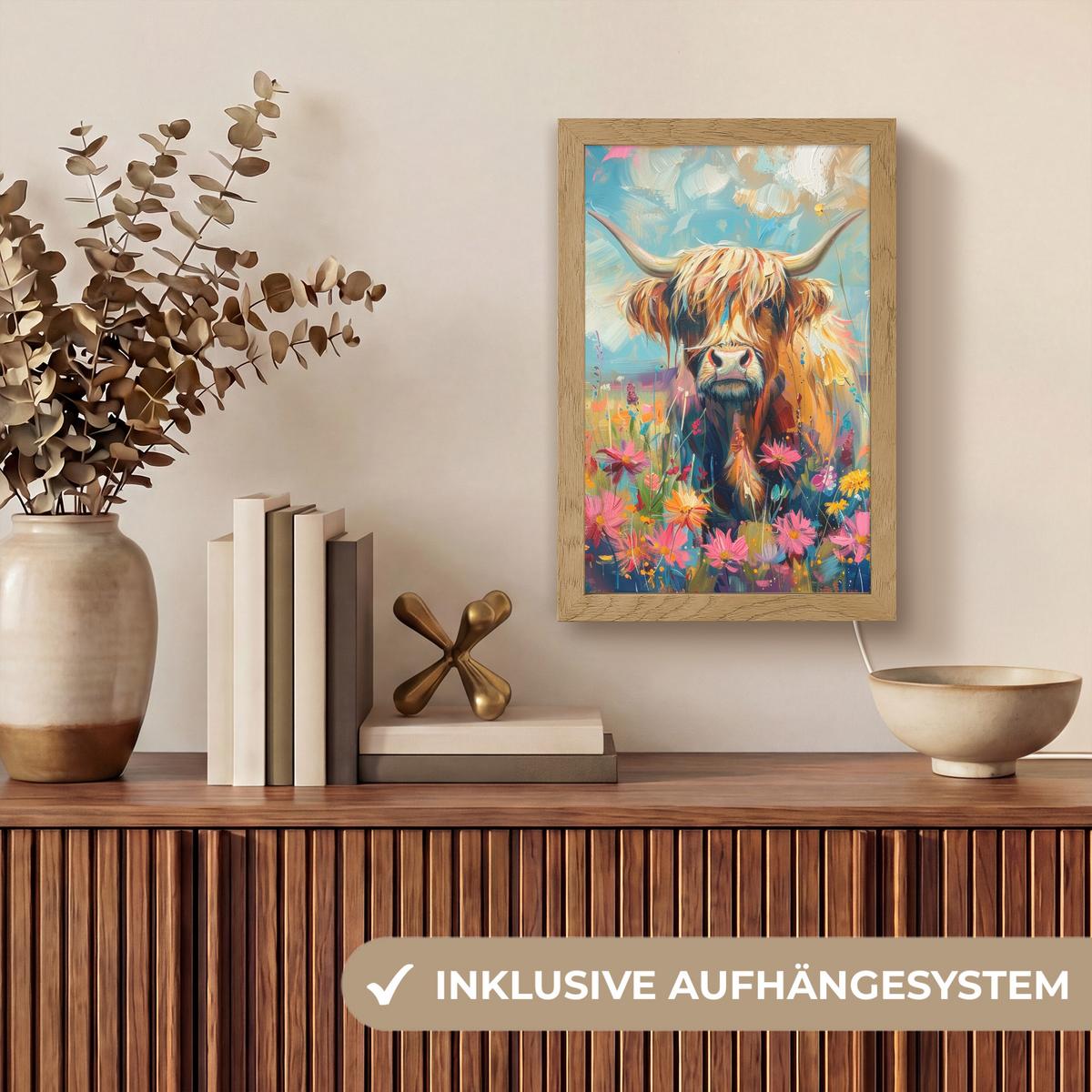 WANDLEUCHTE Schottische Hochländer - Natur - Farbenfroh - Blumen 20x30 cm - Multicolor, Holzwerkstoff (20/30/8cm) - OnlyWow