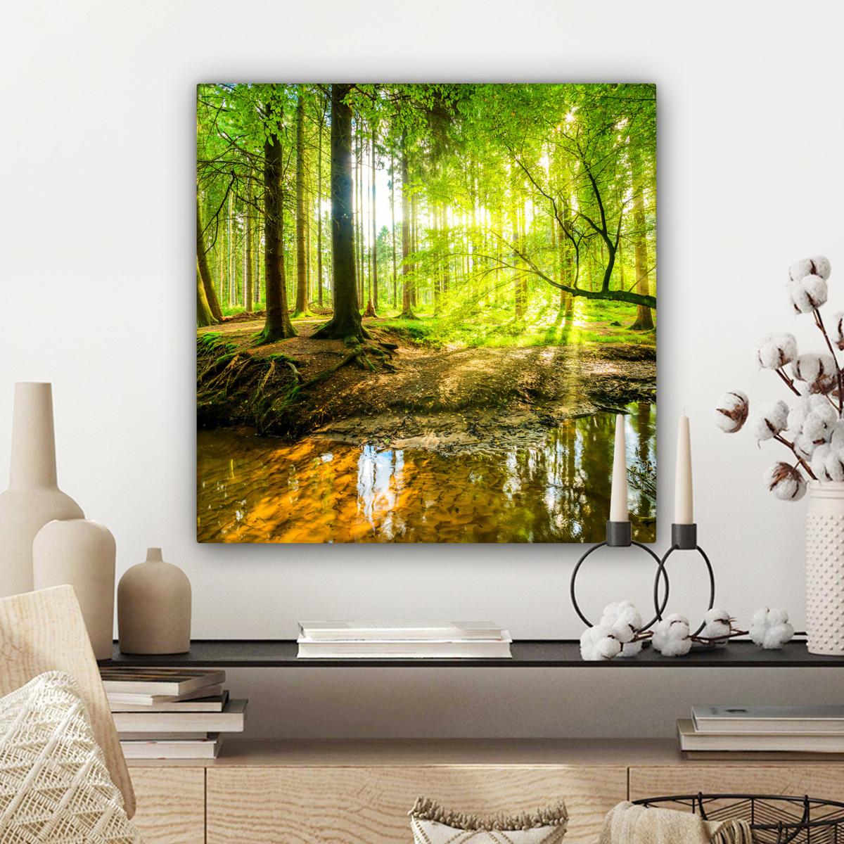 LEINWANDBILD Wald - Landschaft - Wasser - Bäume - Sonne - Grün - Natur Wandbild Wohnzimmer 50x50 cm - Grün, Textil (50/50cm) - MuchoWow
