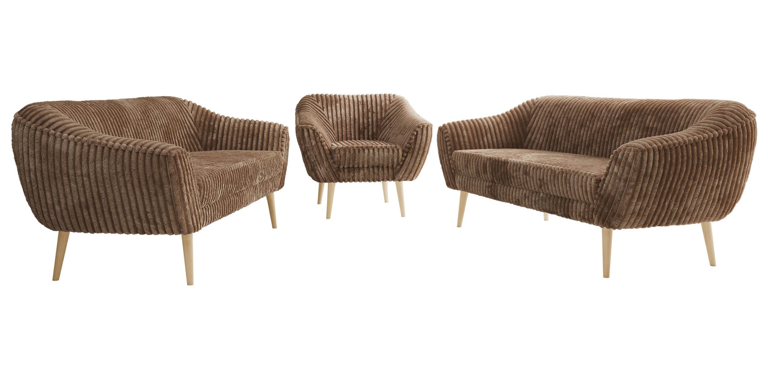 SITZGARNITUR PIRS 3+3+1 - Braun Cord - Holzbeine - Buchefarben/Braun, Holzwerkstoff/Textil (180/75/74cm) - MKS