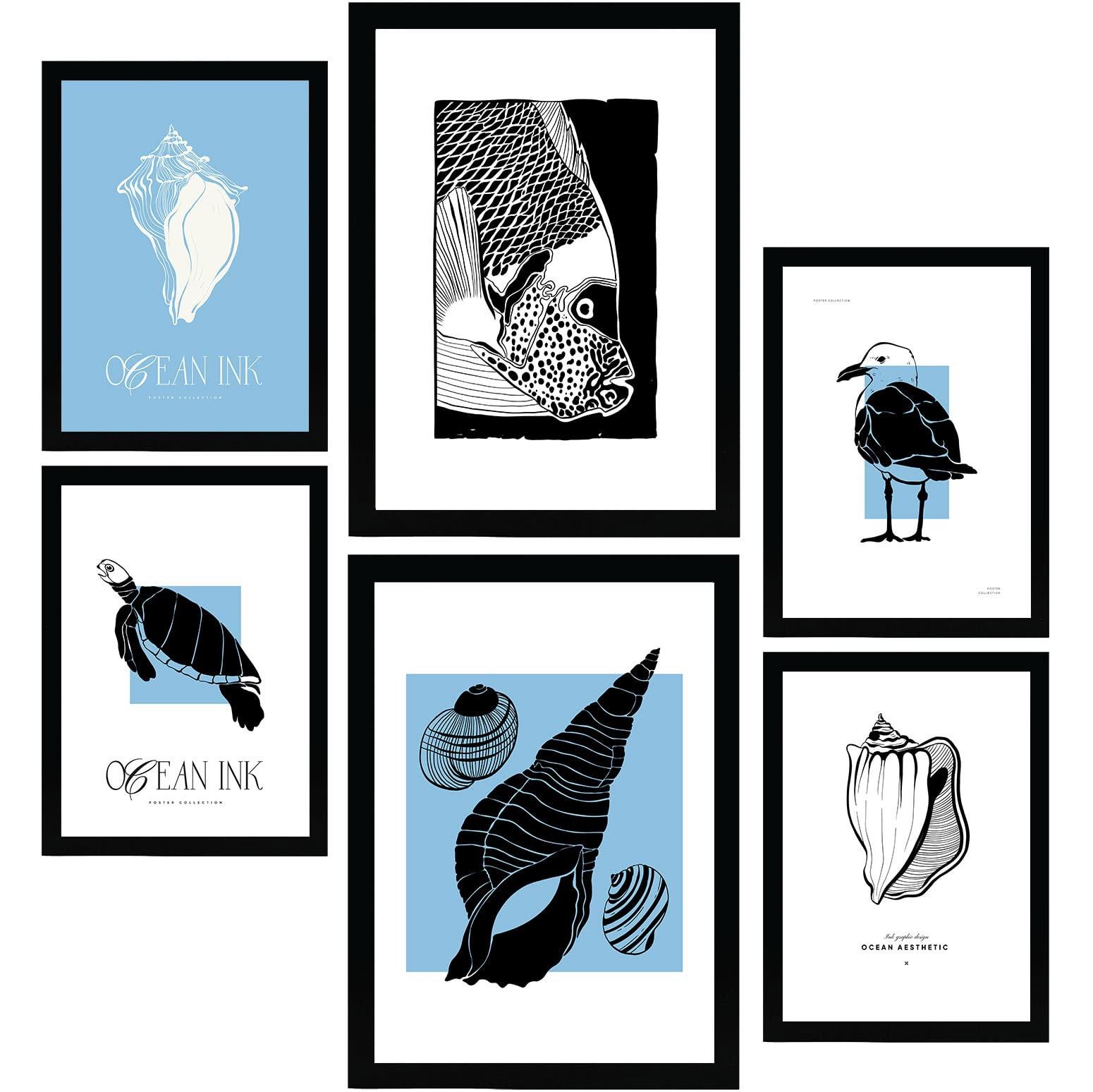 POSTER Set Mit 6 In Schwarzer Tinte Muscheln Kunstdrucke Von Meer Und Ozean Für Innenarchitektur A3 & A4 Schwarzer Rahmen - Schwarz, Papier (29/3cm) - Nacnic