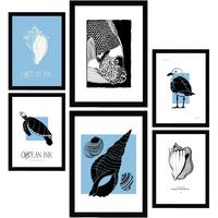POSTER Set Mit 6 In Schwarzer Tinte Muscheln Kunstdrucke Von Meer Und Ozean Für Innenarchitektur A3 & A4 Schwarzer Rahmen - Schwarz, Papier (29/3cm) - Nacnic