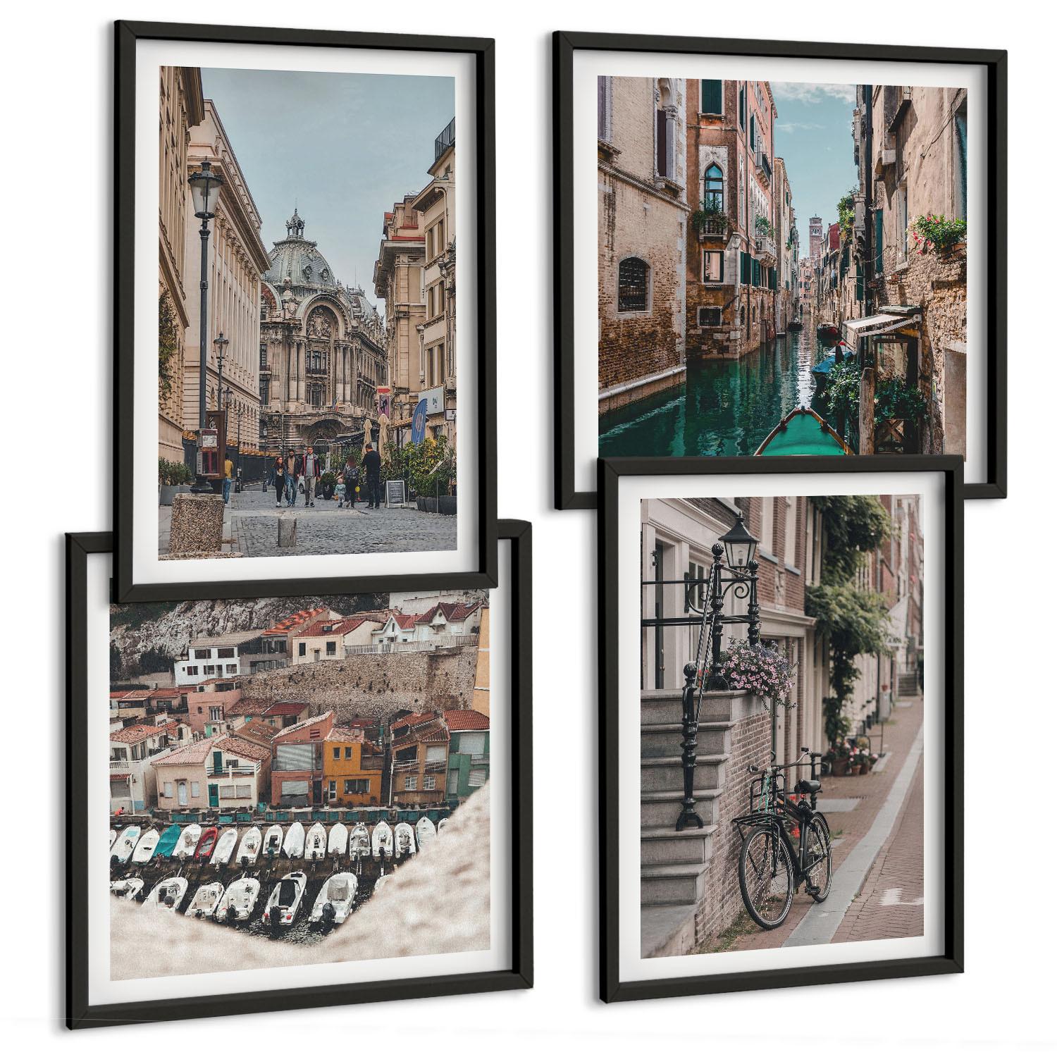 BILDER SET 4er Set - 50x50 cm & 40x60 cm Schwarzer Rahmen - Die charmanten Straßen der Hafenstädte - Schwarz, Kunststoff (50/50cm) - TULUP