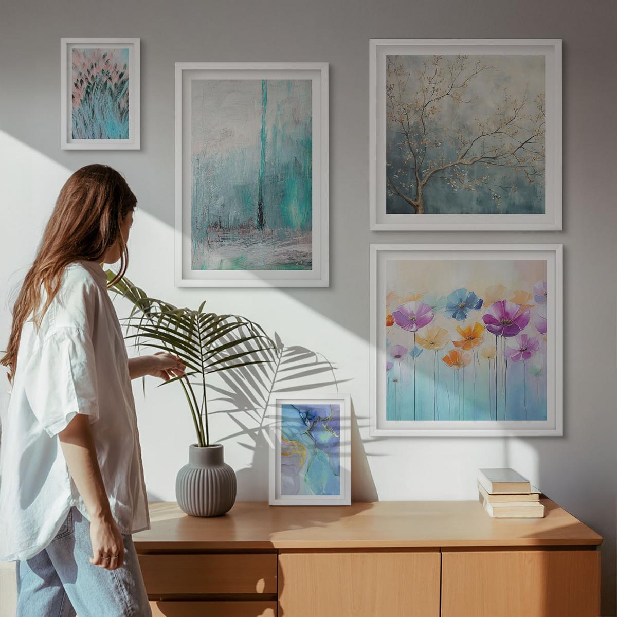 BILDER SET 5er Set - 50x50 cm & 20x30 cm & 40x60 cm Weißer Rahmen - Leuchtturm, Landschaft, Mädchen, Pferd - Weiß, Kunststoff (40/60cm) - TULUP