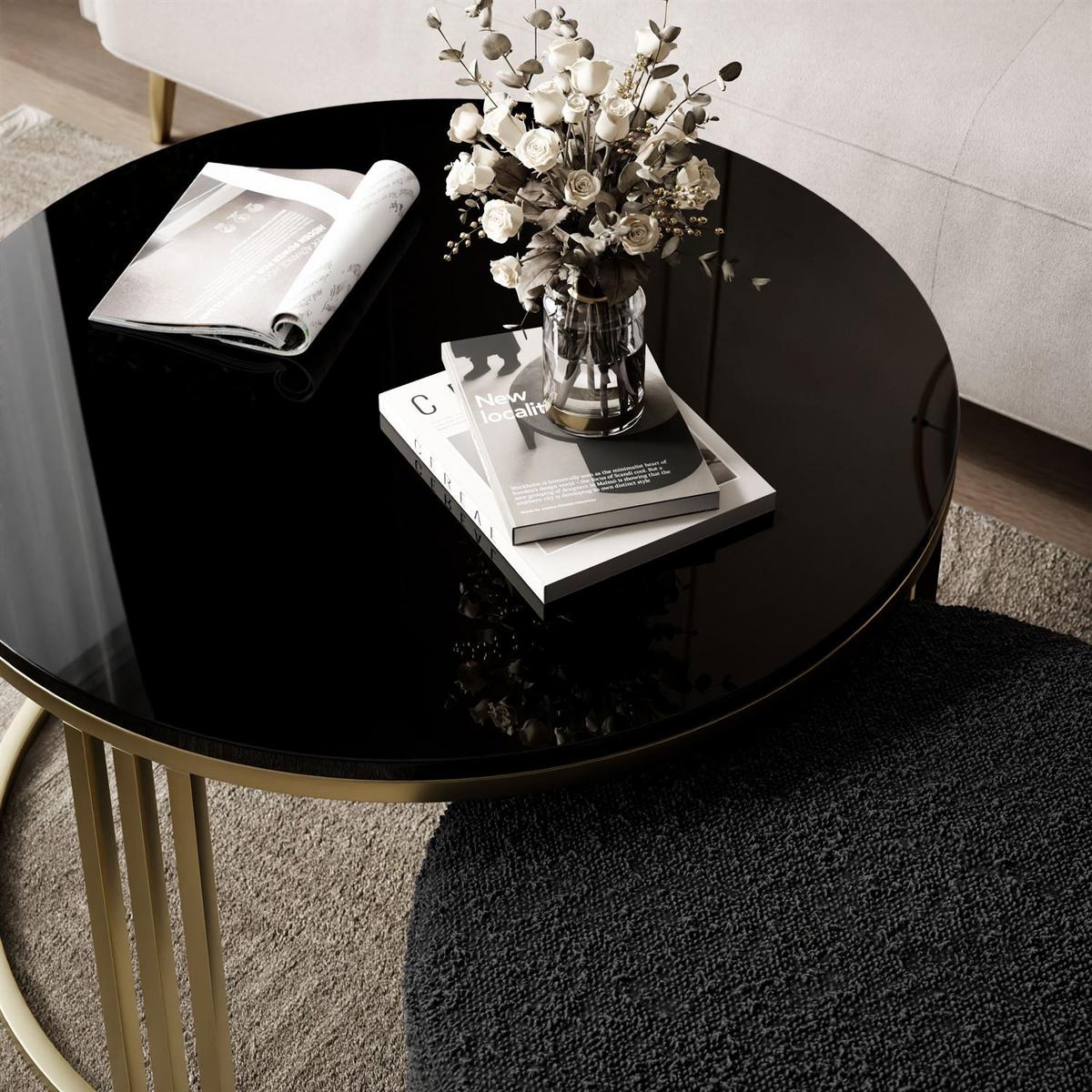 COUCHTISCH mit Hocker LORI Hochglanz gebürstetes Gold/Schwarz glänzend/Coral 60 - Schwarz, Metall (70/70/49cm) - Lookway