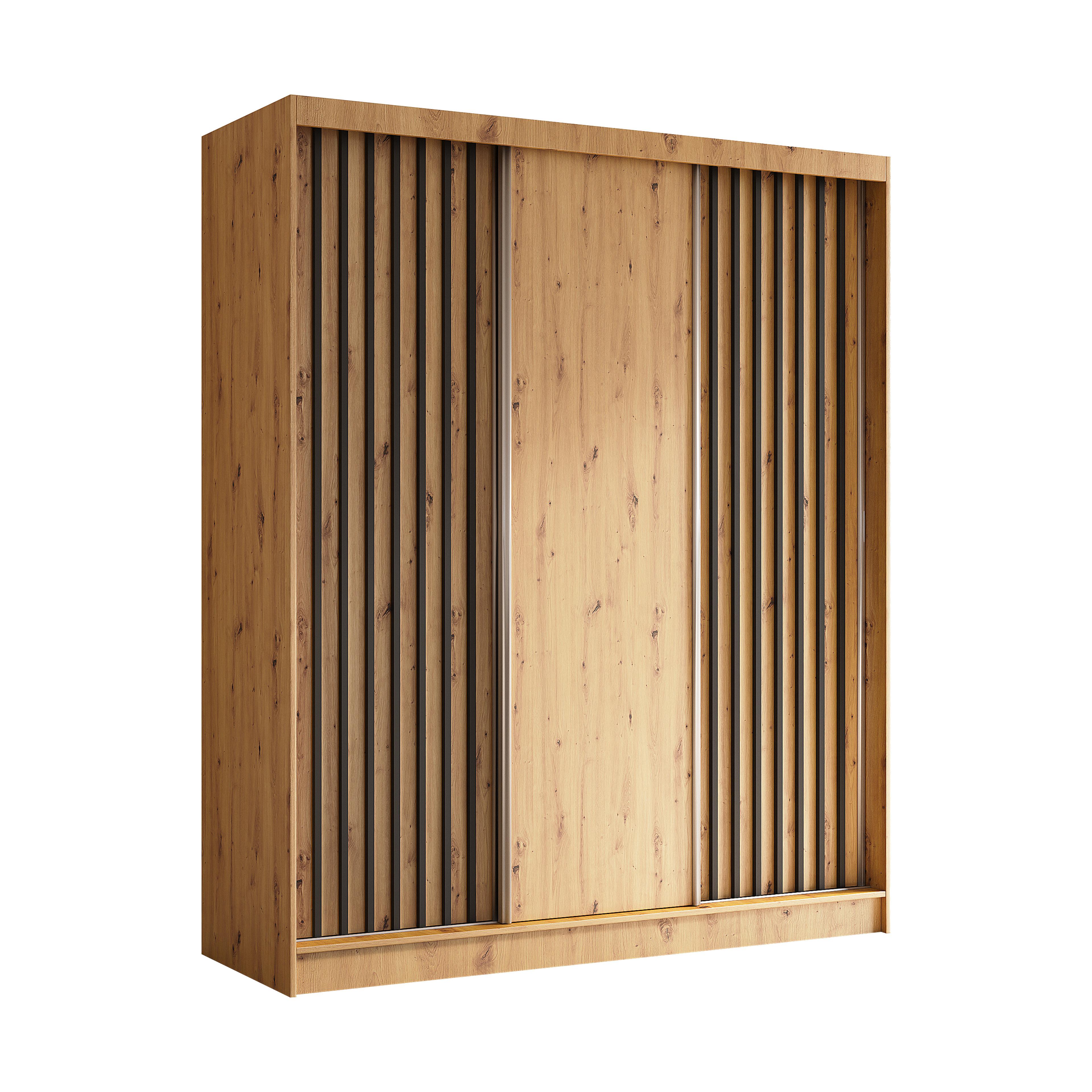 KLEIDERSCHRANK mit furnierten Schiebetüren und Aluminium-Leisten - LABELO - 180 cm Artisan+Artisan+Schwarz - Schwarz/Eiche Artisan, Holzwerkstoff (180/216/61cm) - ALTDECOR