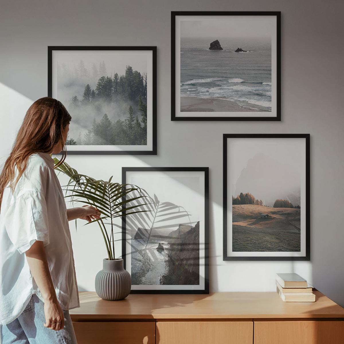BILDER SET 4er Set - 50x50 cm & 40x60 cm Schwarzer Rahmen - Landschaften aus Bergen und Meer - Schwarz, Kunststoff (50/50cm) - TULUP
