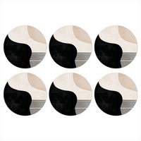 GLASUNTERSETZER 6er-Set Rund Abstrakt - Japandi - Beige - Modern 10x10 cm - Schwarz, Naturmaterialien (10/0.2cm) - MuchoWow