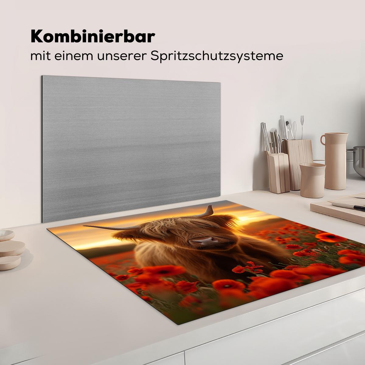 HERDABDECKPLATTE Schottische Highlander - Rosen - Blumenfeld - Sonnenuntergang Induktionsmatte 78x78 cm - Rotbraun, Kunststoff (78/78/0.2cm) - MuchoWow
