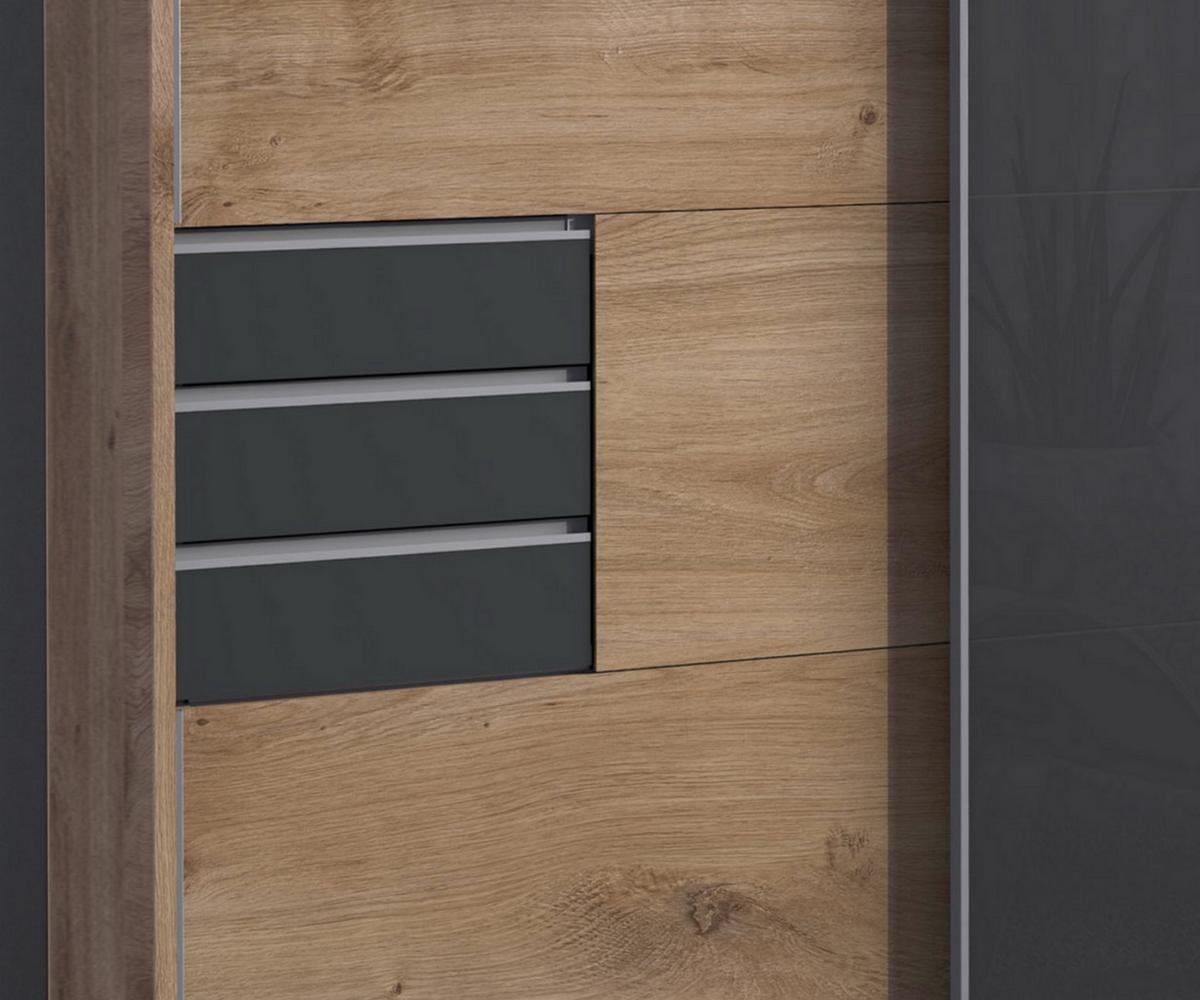 SCHWEBETÜRENSCHRANK 3-türig B273/H213/T64 cm, Eiche Dekor/Glas Grau, Passepartout-Kleiderschrank mit Schubladen in Grafit & Vollausstattung / 22617 - Eichefarben/Alufarben, Holzwerkstoff/Metall (273/213/64cm) - luma-home