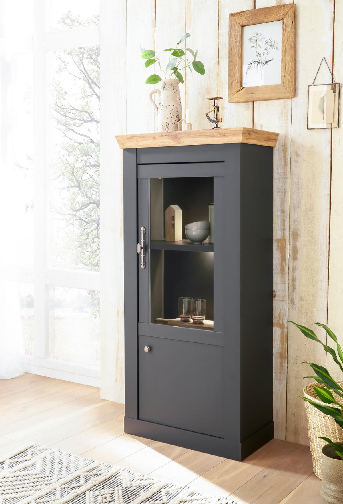 VITRINENSCHRANK Grau Eiche Wotan, Landhaus 72 x 146 cm, Vitrine mit Soft-Close - Silberfarben/Eiche Wotan, Glas/Holzwerkstoff (72/146/38cm) - Furn.Design