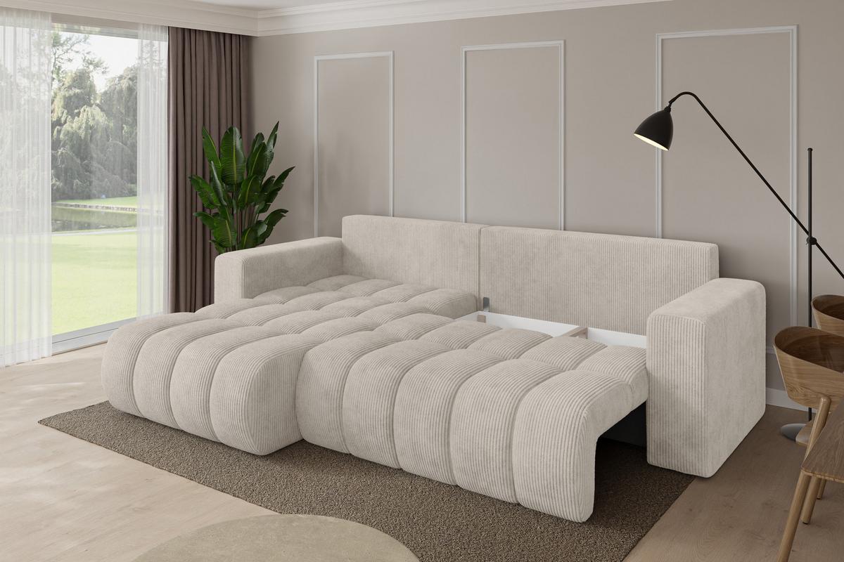 ECKSOFA mit Schlaffunktion Ottomane Links MILA-L-v1 277x195x86 Creme Cord - Ecru/Creme, Holzwerkstoff/Kunststoff (277/194cm) - ALTDECOR
