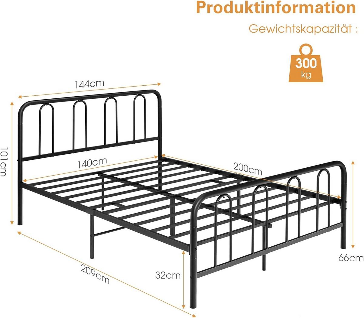 BETTRAHMEN Metallbett Schwarz - Schwarz, Metall - COSTWAY