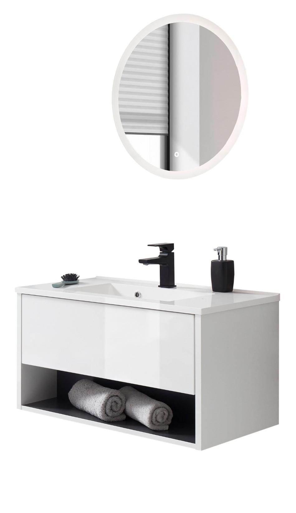 BADMÖBEL-SET weiß Hochglanz, grau, Kombination mit Waschbecken und LED Beleuchtung 80 cm - Weiß Hochglanz/Grau, Glas/Holzwerkstoff (80/190/47cm) - Furn.Design