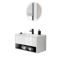BADMÖBEL-SET weiß Hochglanz, grau, Kombination mit Waschbecken und LED Beleuchtung 80 cm - Weiß Hochglanz/Grau, Glas/Holzwerkstoff (80/190/47cm) - Furn.Design