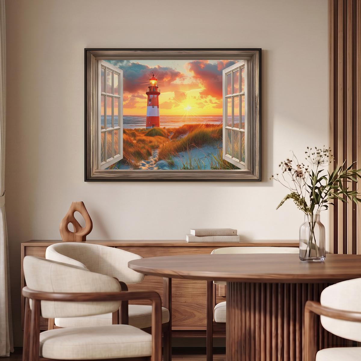 LEINWAND Bilder mit Rahmen - Aussicht - Fenster - Leuchtturm - Sonnenuntergang - Strand - 100x70 - Dunkelorange, Textil (100/70cm) - MuchoWow