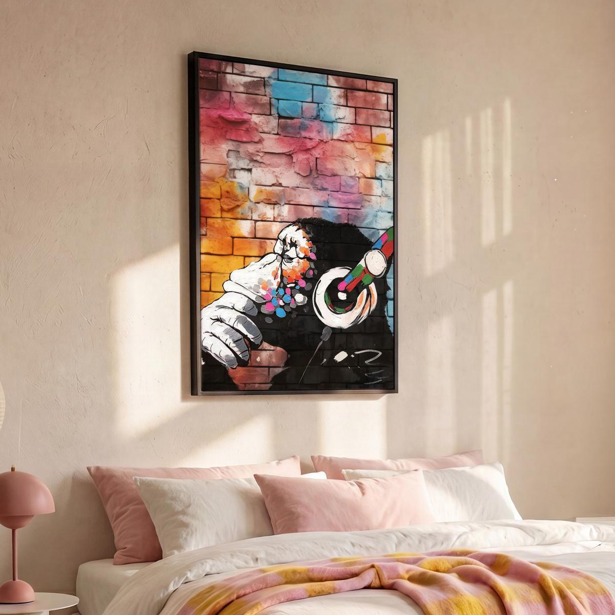 LEINWAND Bilder mit Rahmen - Affe - Graffiti - Musik - 90x140 - Multicolor, Textil (90/140cm) - MuchoWow